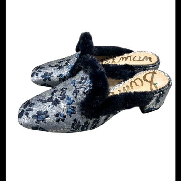 Sam Edelman Shoes - Sam Edelman Blue Floral Tapestry Mule With Faux Fur Trim Size 8